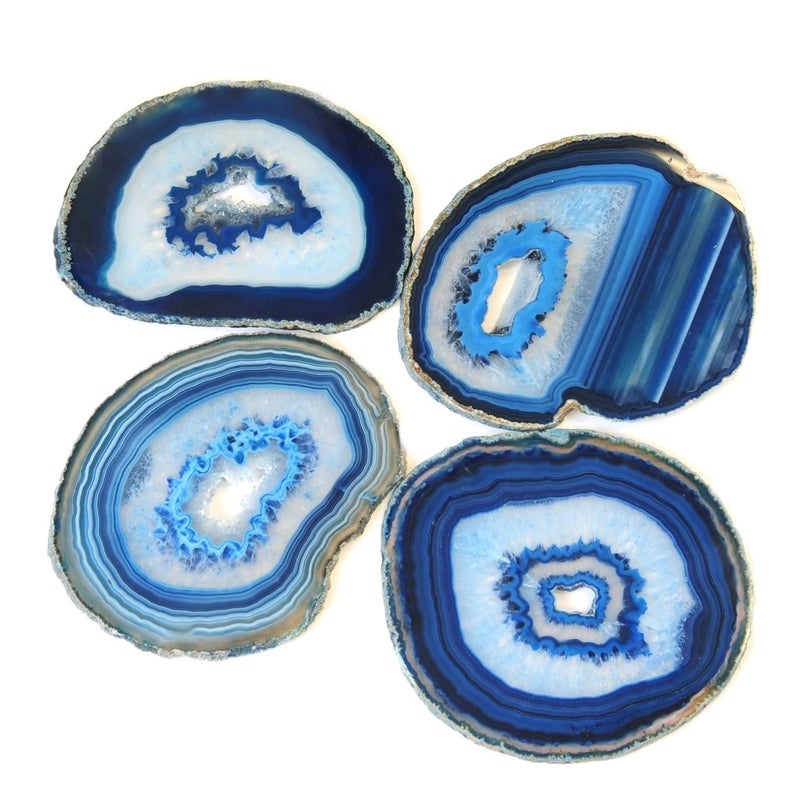 JIC Gem Extra Blue 4-5" Dyed Color Natural Agate Coasters Polished Geode Stone Coasters Agate Slices Set of 4 with Protective Rubber Bumper Home Decorative - Image 1